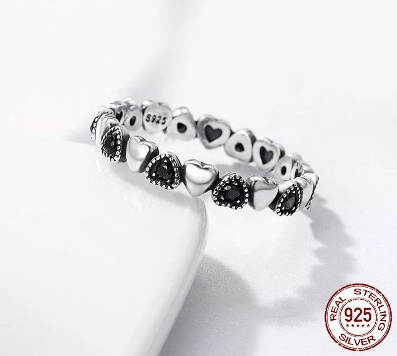 925 Sterling Silver Stackable Black Heart Ring - TEA LU SHOP