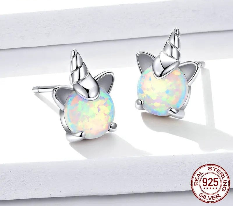 925 Sterling Silver Opal Unicorn Stud Earrings - TEA LU SHOP