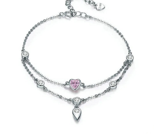 925 Sterling Silver Sweet Heart Pink Bracelet - TEA LU SHOP