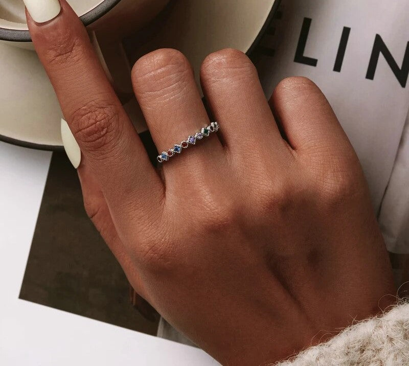 925 Sterling Silver Rainbow CZ Simple Ring - TEA LU SHOP