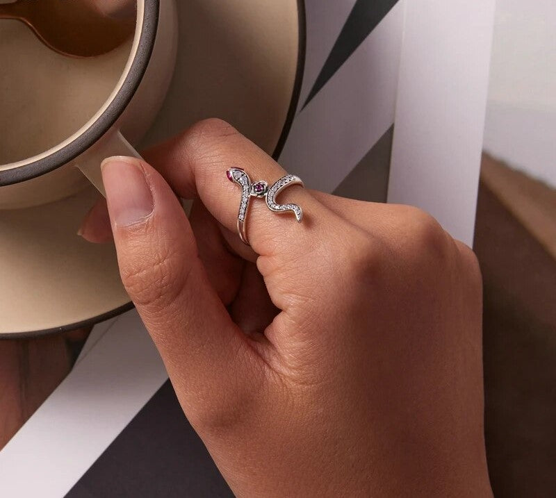 925 Sterling Silver Snake & Rose Ring - TEA LU SHOP