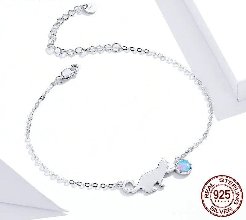 925 Sterling Silver Cute Cat Opal Bracelet - TEA LU SHOP
