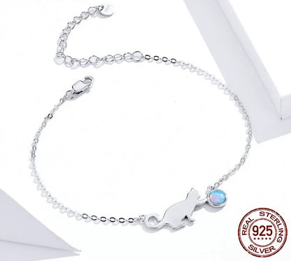 925 Sterling Silver Cute Cat Opal Bracelet - TEA LU SHOP