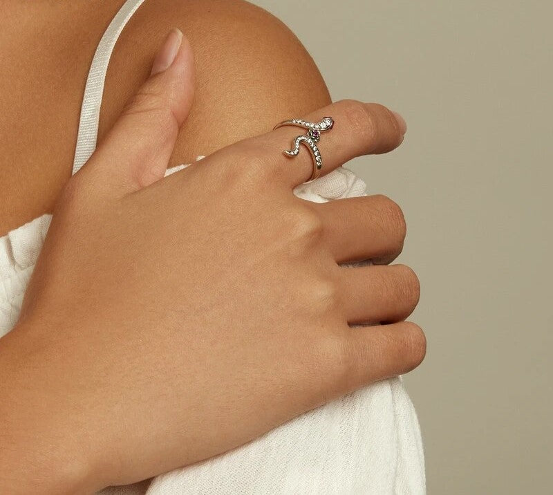 925 Sterling Silver Snake & Rose Ring - TEA LU SHOP
