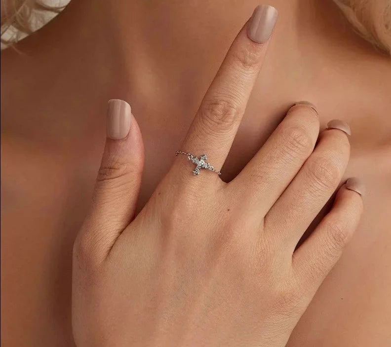 925 Sterling Silver Cross Chain Ring