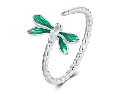 925 Sterling Silver Green Enamel Dragonfly Open Adjustable Ring - Shine Bright Store