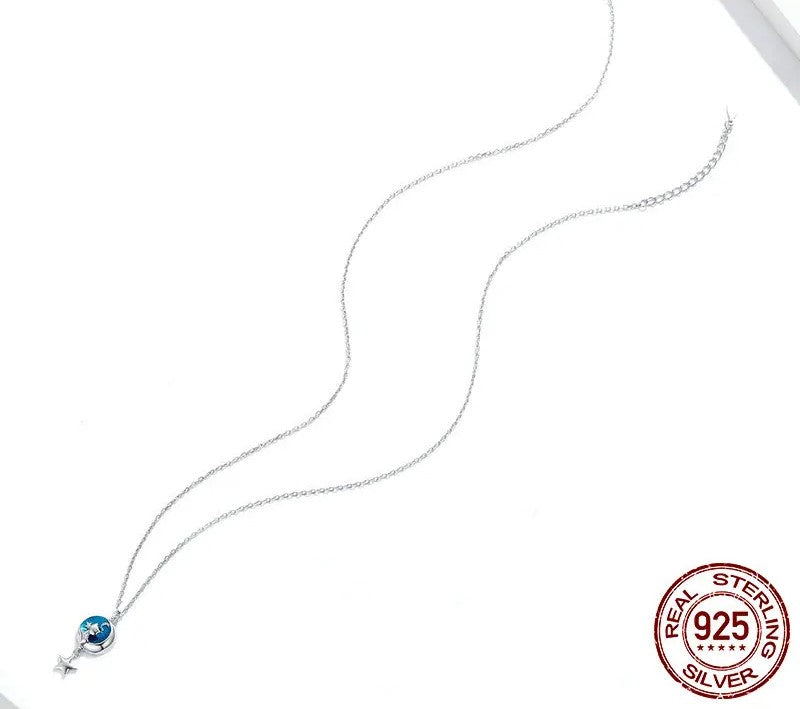 925 Sterling Silver Blue Enamel Moon & Cat Necklace - TEA LU SHOP