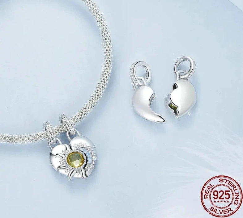 925 Sterling Silver Sun and Moon Heart  Charms