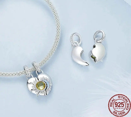 925 Sterling Silver Sun and Moon Heart  Charms