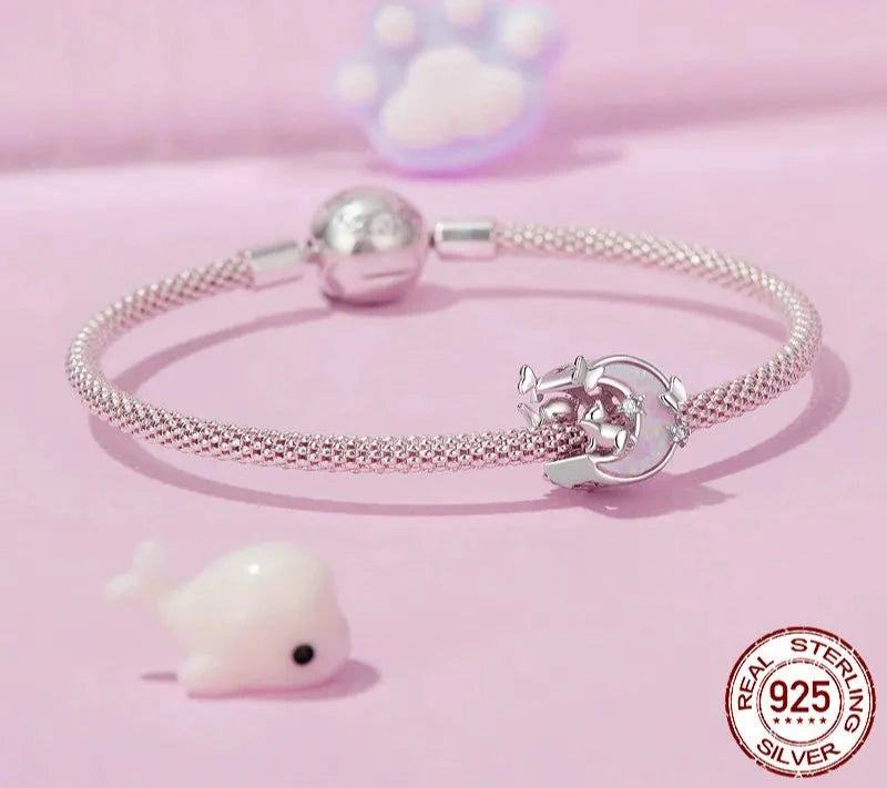 925 Sterling Silver Opal Moon Cat Charm