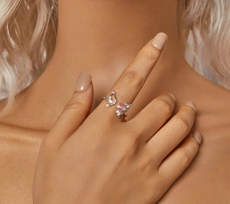 925 Sterling Silver Zircon Pink Flower Open Adjustable Ring - Shine Bright Store