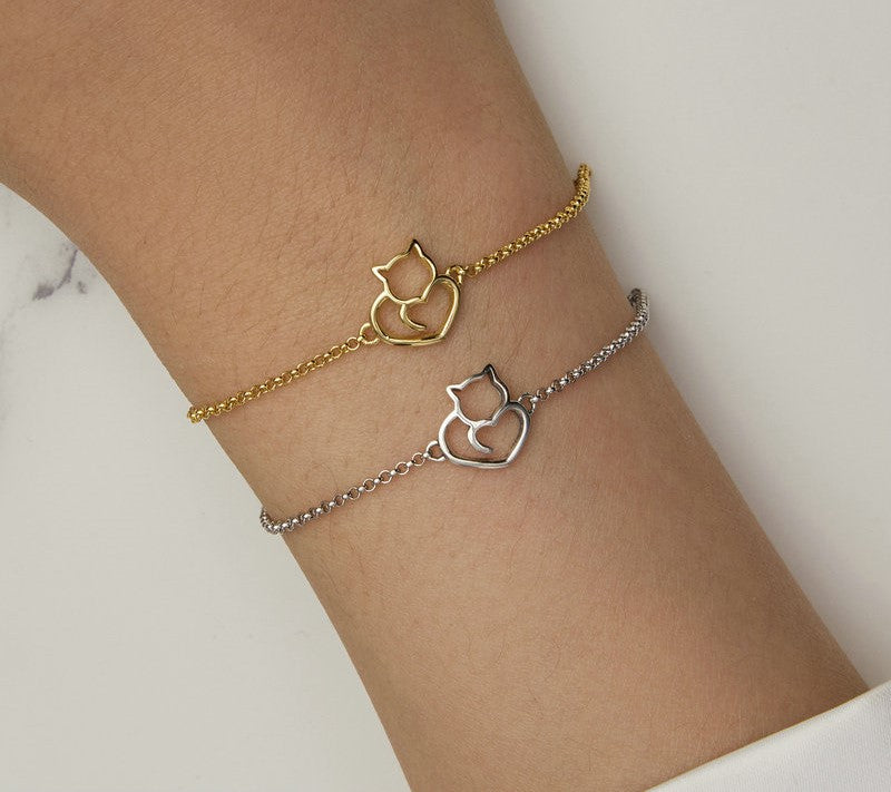 925 Sterling Silver Cat And Heart Chain Bracelets - TEA LU SHOP