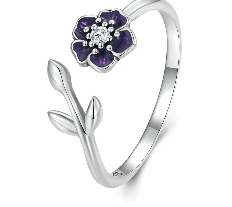 925 Sterling Silver Enamel Purple Flower Adjustable Ring - TEA LU SHOP