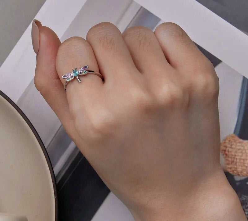 925 Sterling Silver Colorful Zircon Dragonfly Open Ring - TEA LU SHOP