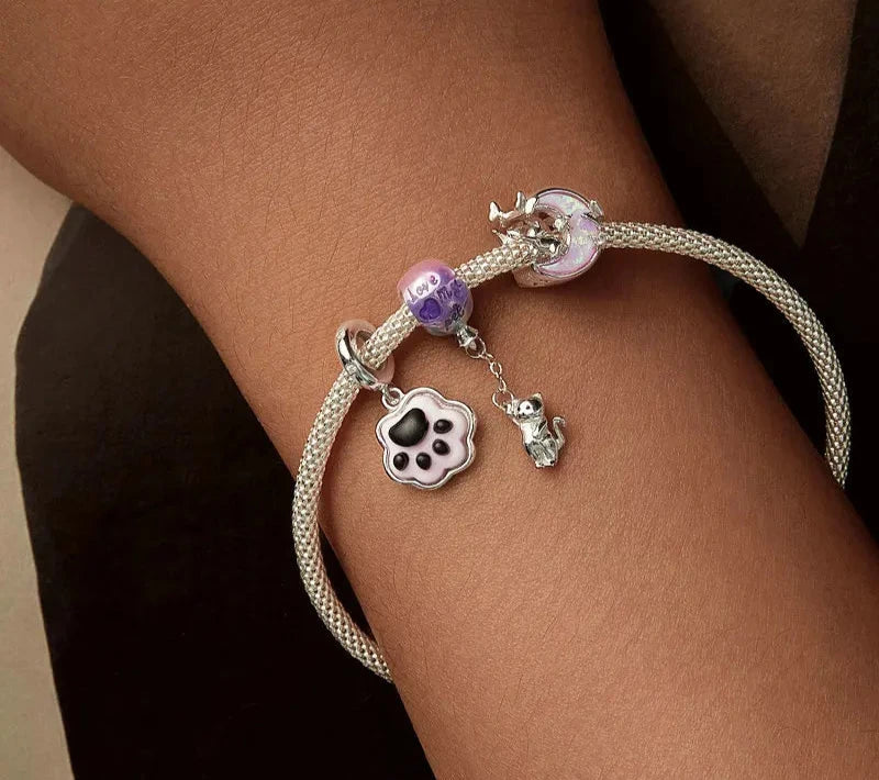 925 Sterling Silver Opal Moon Cat Charm