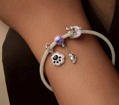 925 Sterling Silver Opal Moon Cat Charm