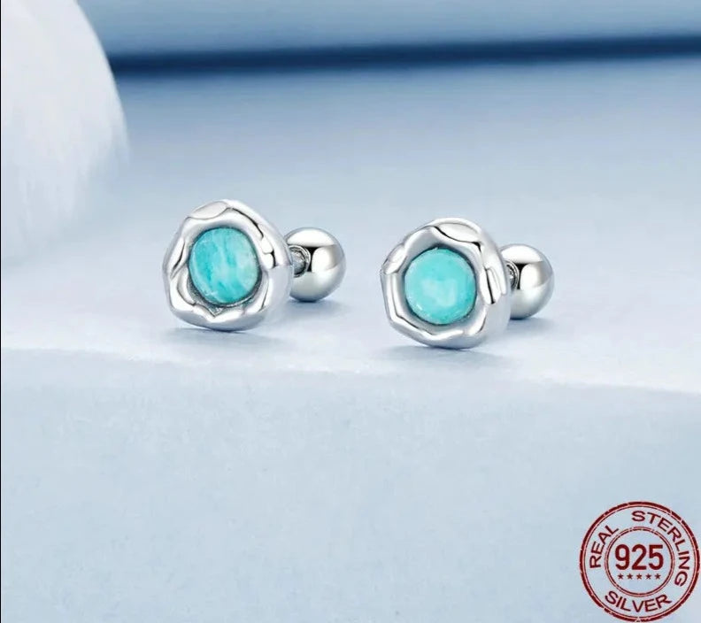 925 Sterling Silver Round Natural Amazonite Earrings