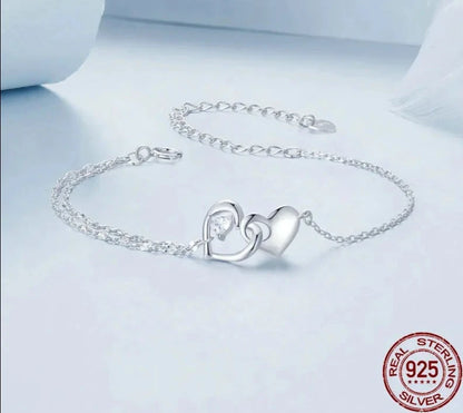 925 Sterling Silver Forever Love Heart Double Chain Bracelet