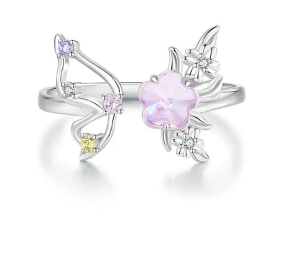 925 Sterling Silver Zircon Pink Flower Open Adjustable Ring - Shine Bright Store