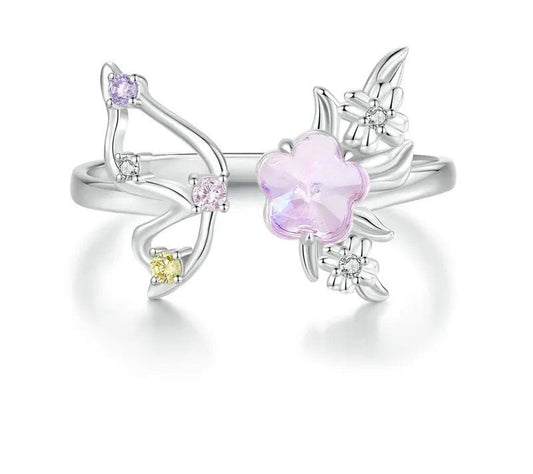 925 Sterling Silver Zircon Pink Flower Open Adjustable Ring - Shine Bright Store