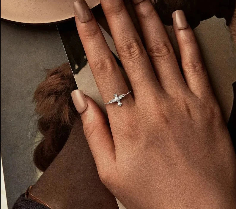925 Sterling Silver Cross Chain Ring