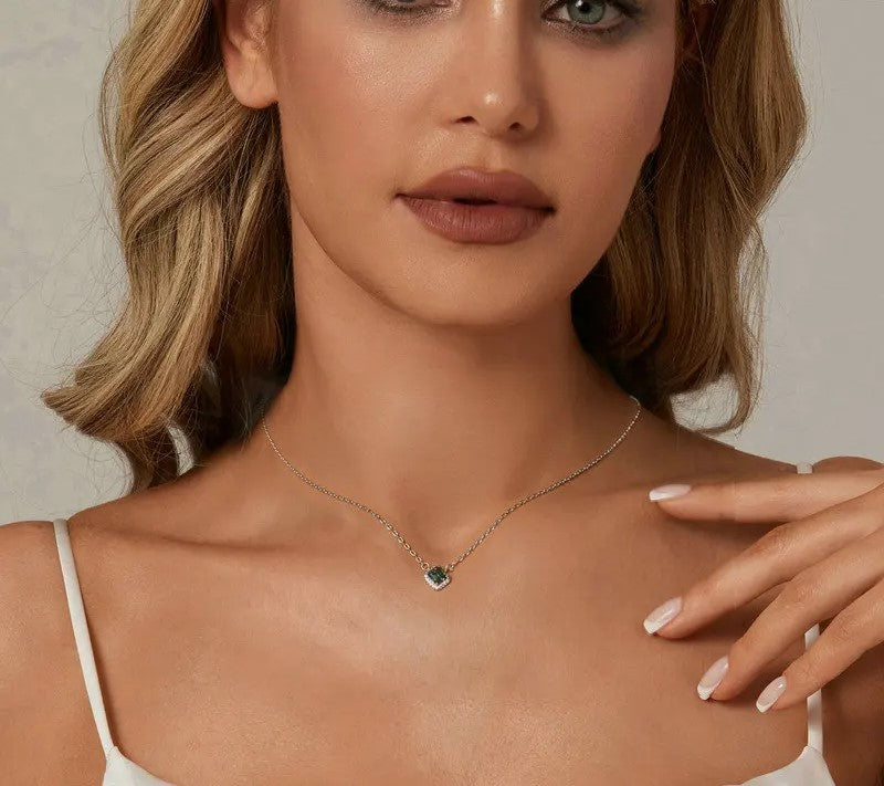 925 Sterling Silver Square Green Moissanite Necklace - Shine Bright Store