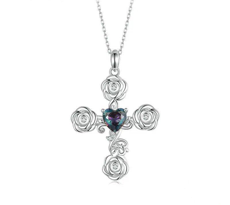 925 Sterling Silver Rose Cross Pendant Necklace - Shine Bright Store