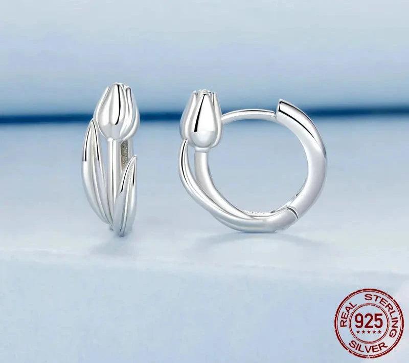 925 Sterling Silver Tulip Flower Hoop Earrings