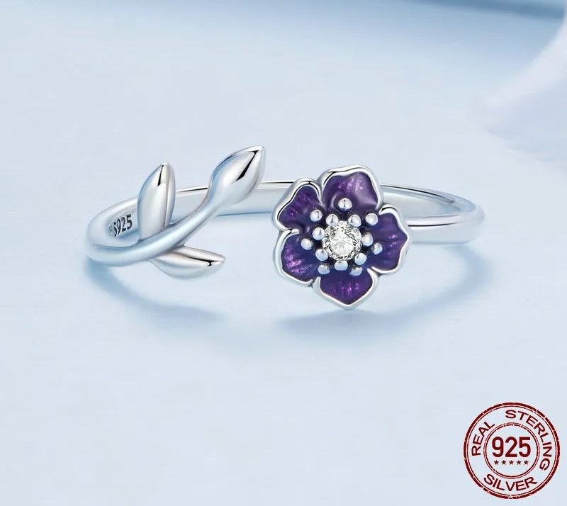 925 Sterling Silver Enamel Purple Flower Adjustable Ring - TEA LU SHOP