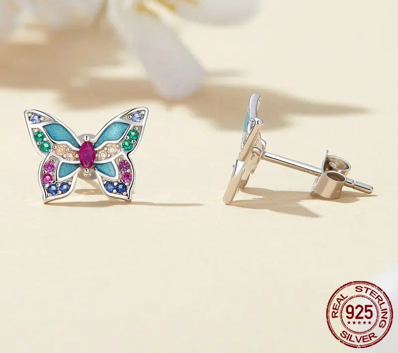 925 Sterling Silver Colorful Zircon Butterfly Stud Earrings - TEA LU SHOP