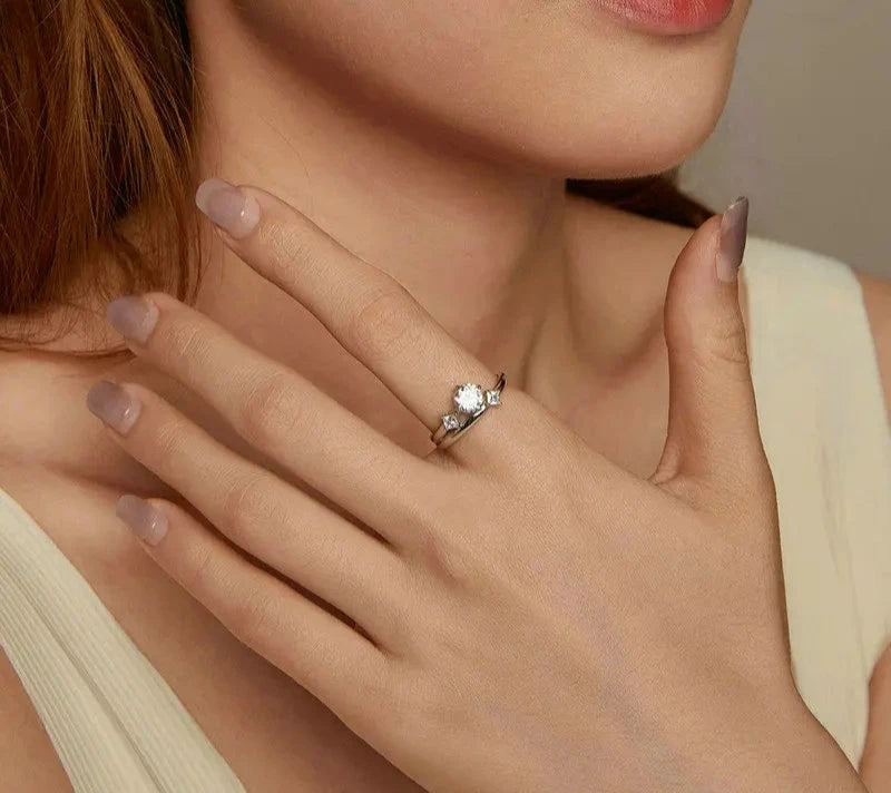 925 Sterling Silver Sparkling Stars Double Layer Ring