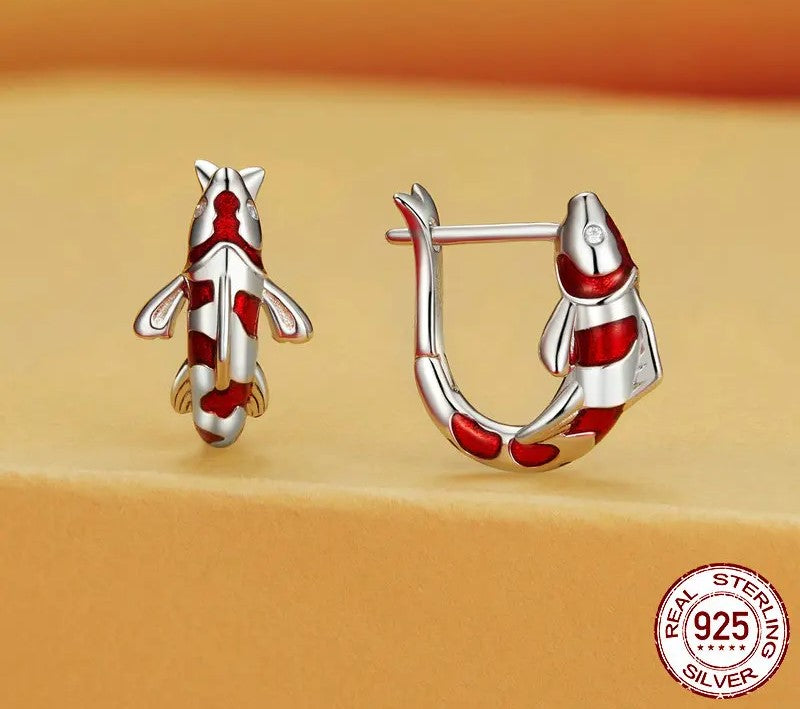 925 Sterling Silver Red Enamel Lucky Carp Ear Buckles - Shine Bright Store