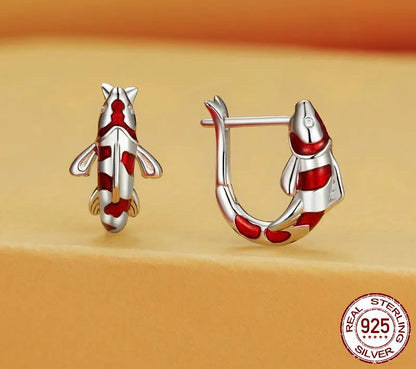 925 Sterling Silver Red Enamel Lucky Carp Ear Buckles - Shine Bright Store