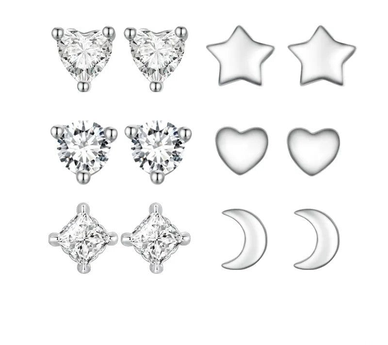 925 Sterling Silver Mini Heart, Star, Moon Stud Earrings - TEA LU SHOP