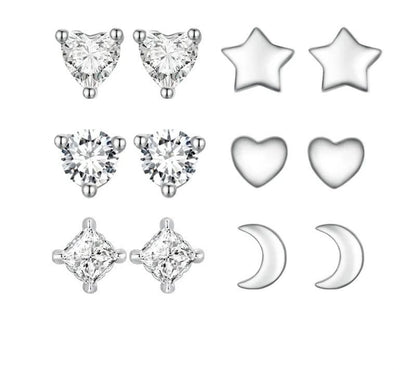 925 Sterling Silver Mini Heart, Star, Moon Stud Earrings - TEA LU SHOP