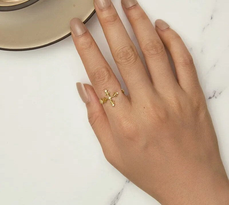 925 Sterling Silver Retro Pattern Cross Ring - TEA LU SHOP
