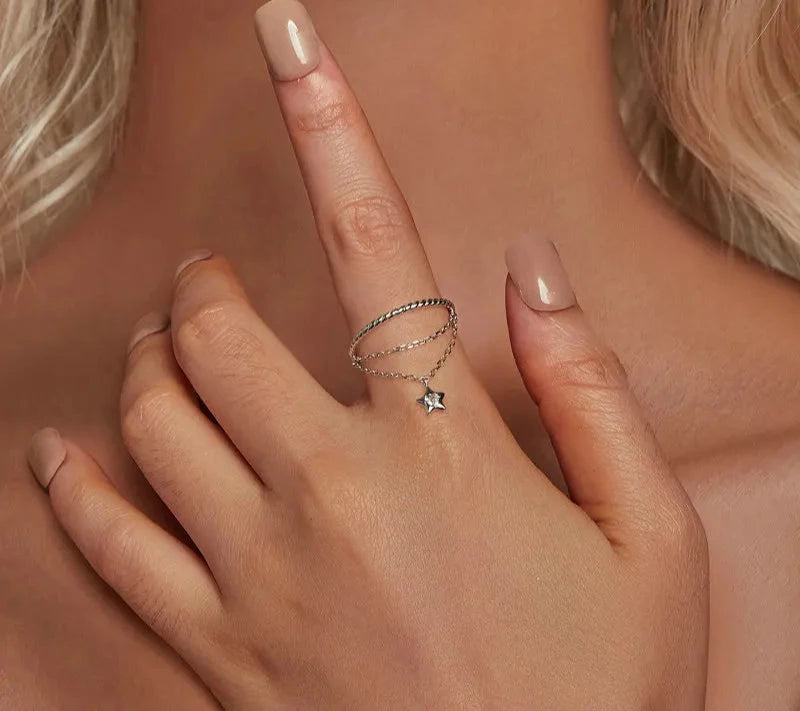 925 Sterling Silver Star Tassel Chain Ring