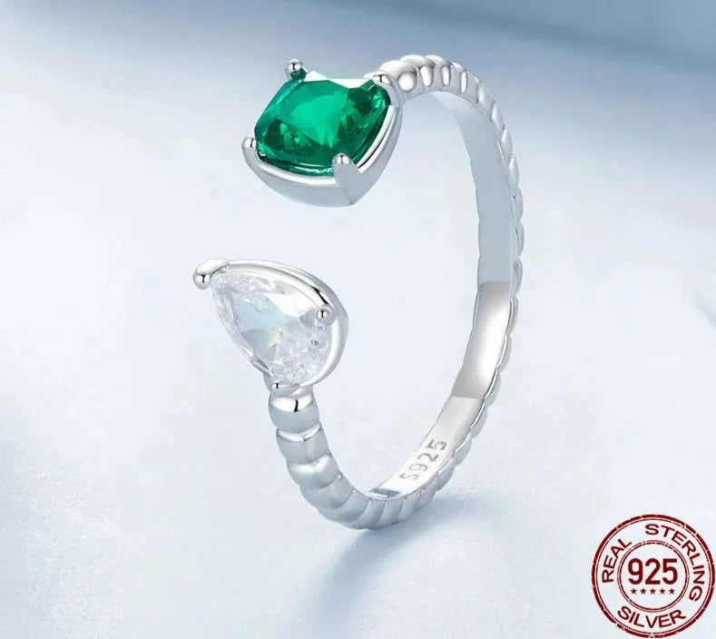 925 Sterling Silver Green Square Finger Ring