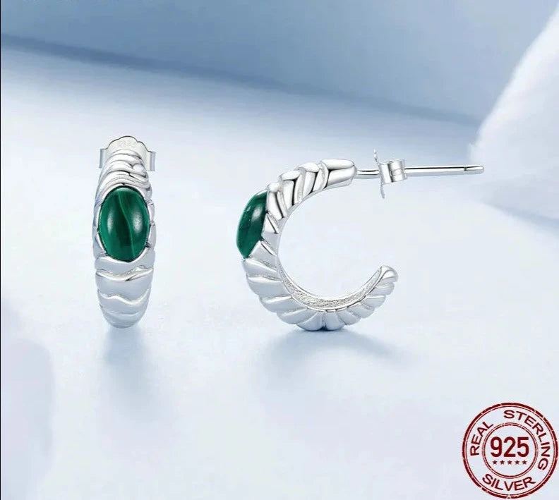 925 Sterling Silver Women Malachite Huggie Earrings