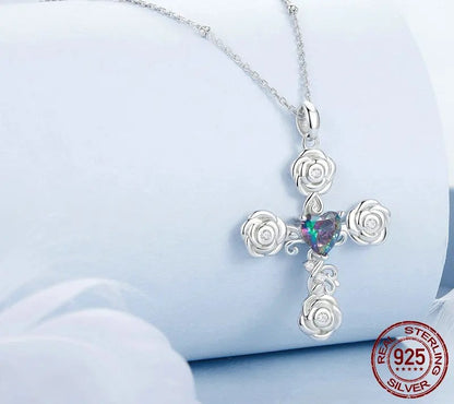 925 Sterling Silver Rose Cross Pendant Necklace - Shine Bright Store
