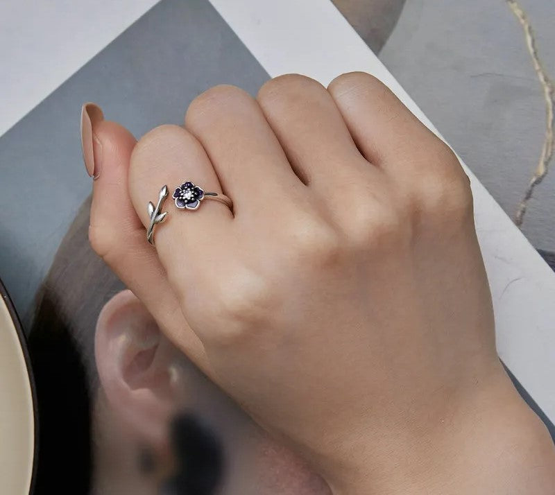925 Sterling Silver Enamel Purple Flower Adjustable Ring - TEA LU SHOP