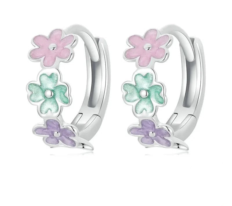 925 Sterling Silver Multi-color Flower Hoop Earrings - Shine Bright Store