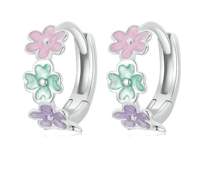 925 Sterling Silver Multi-color Flower Hoop Earrings - Shine Bright Store