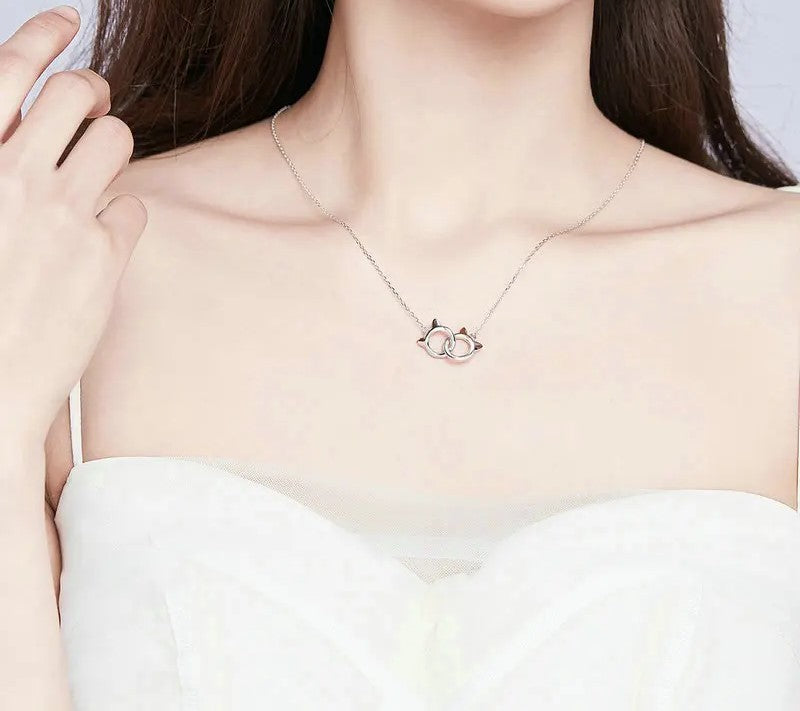 925 Sterling Silver Double Circles Cat Pendant Necklace - TEA LU SHOP