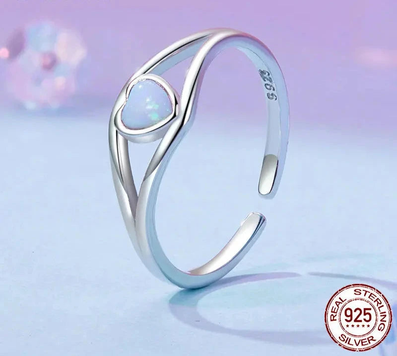 925 Sterling Silver Opal Heart Open Statement Ring