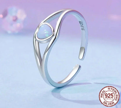 925 Sterling Silver Opal Heart Open Statement Ring