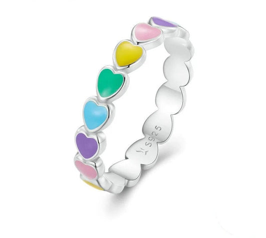 925 Sterling Silver Rainbow Heart Finger Ring - TEA LU SHOP