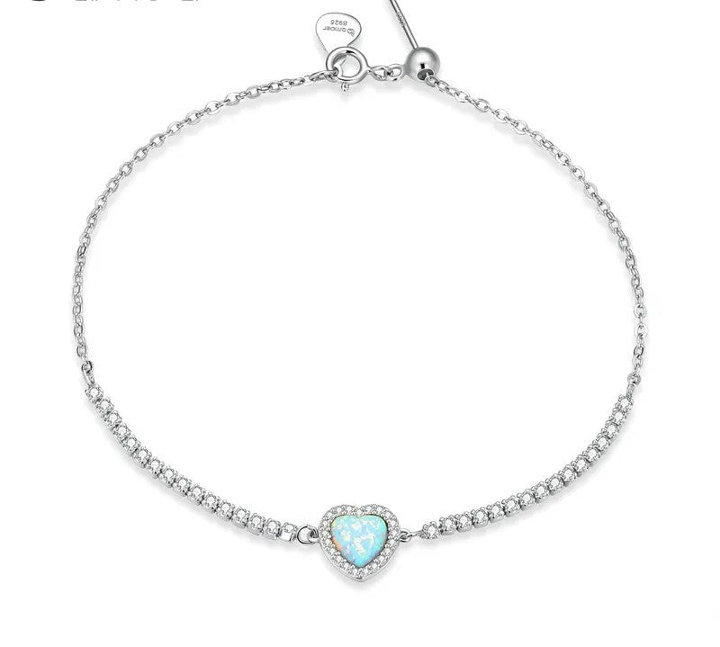 925 Sterling Silver Opal Heart-Shaped Bracelet - TEA LU SHOP