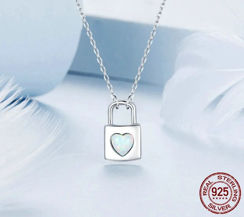 925 Sterling Silver Opal Heart Lock Necklace - Shine Bright Store
