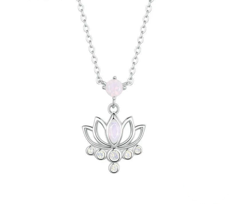 925 Sterling Silver Pink Opal Lotus Pendant Necklace - Shine Bright Store